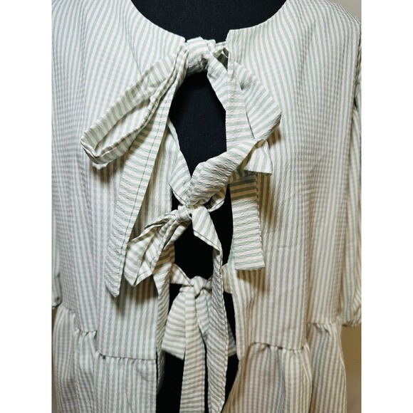 Carole Christian Seer Sucker Bow Front Puff Sleeve Green Boho Blouse Oversized S - Picture 5 of 11